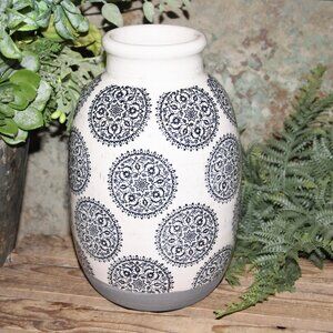 NEW Large Ornate Black & White BOHO Farmhouse Medallion Pottery Vessel Pot Vase